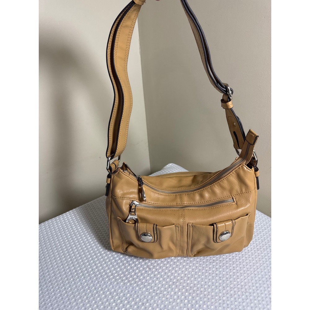 Franco Sarto Shoulder Bag Tan Multi Pocket faux Leather Hobo Adjustable Strap